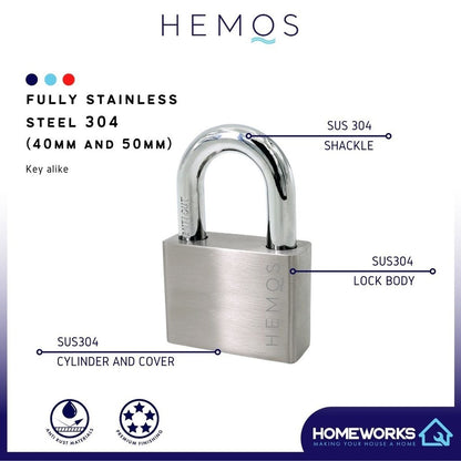 HEMOS 40/50MM SUS 304 STAINLESS STEEL MOTOR HOUSE SECURITY SAFETY ANTI-CUT PADLOCK KUNCI MANGGA