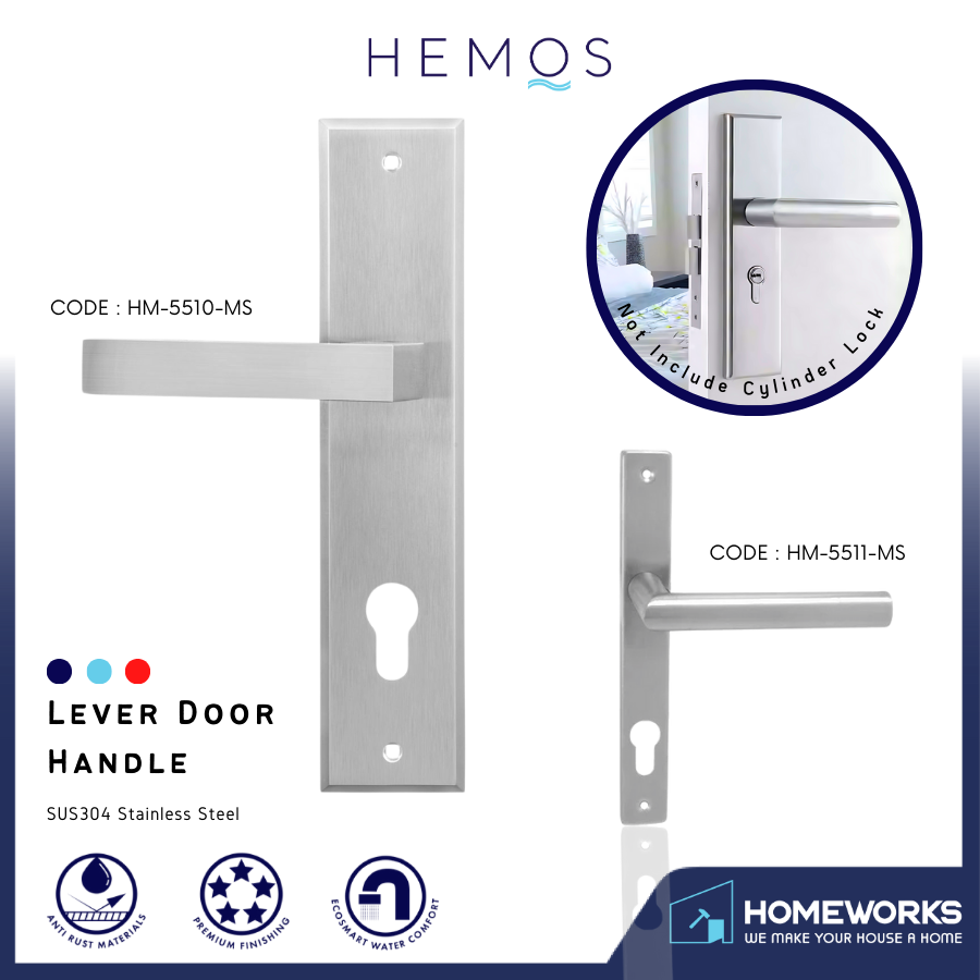 HEMOS HEAVY DUTY SUS304 STAINLESS STEEL DOOR LOCK LEVER HANDLE SILVER WITH PLATE