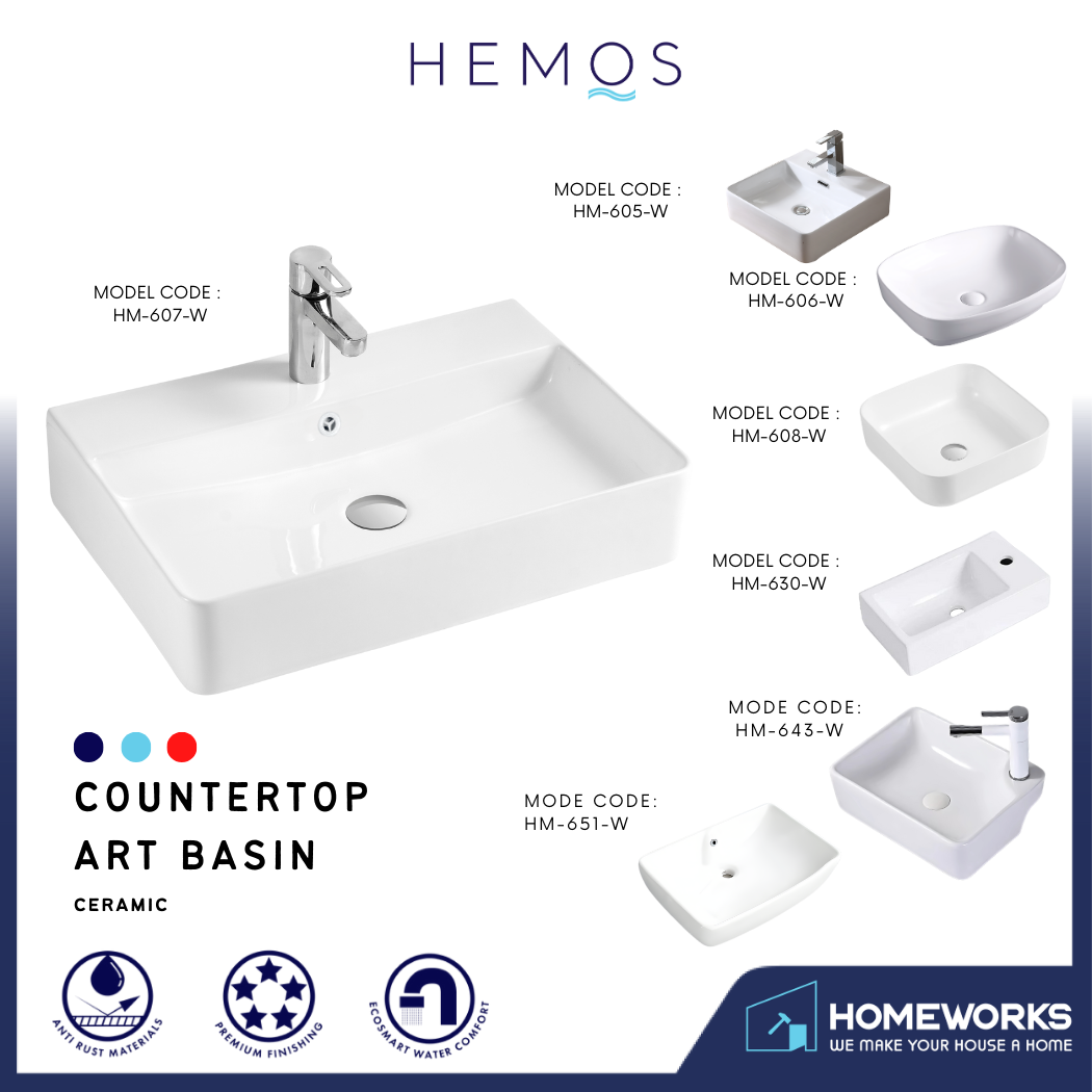 HEMOS BATHROOM CERAMIC WASH BASIN TABLE TOP ART BASIN SQUARE VESSEL SINK WHITE PORCELAIN HM-604-W