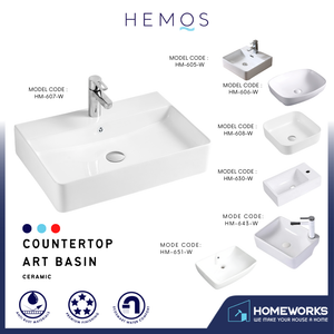 HEMOS BATHROOM CERAMIC WASH BASIN TABLE TOP ART BASIN SQUARE VESSEL SINK WHITE PORCELAIN HM-604-W