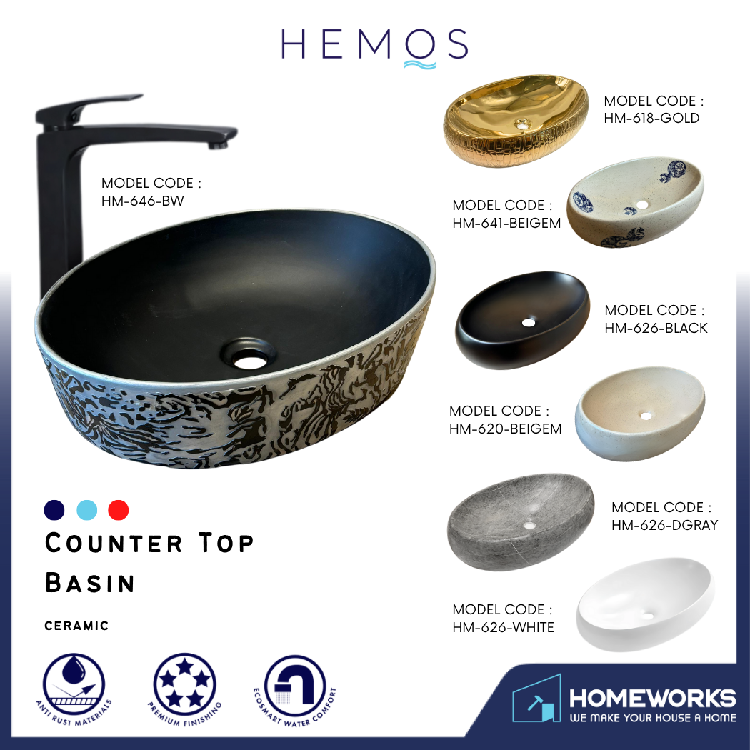 HEMOS BATHROOM CERAMIC WASH BASIN COUNTERTOP UNIQUE PRINTING ELLIPSE VESSEL PORCELAIN HM-620