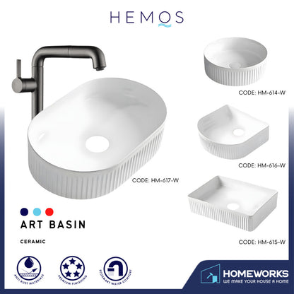 HEMOS BATHROOM CERAMIC WASH BASIN TABLE TOP ART BASIN VESSEL SINK PORCELAIN HM-614-W
