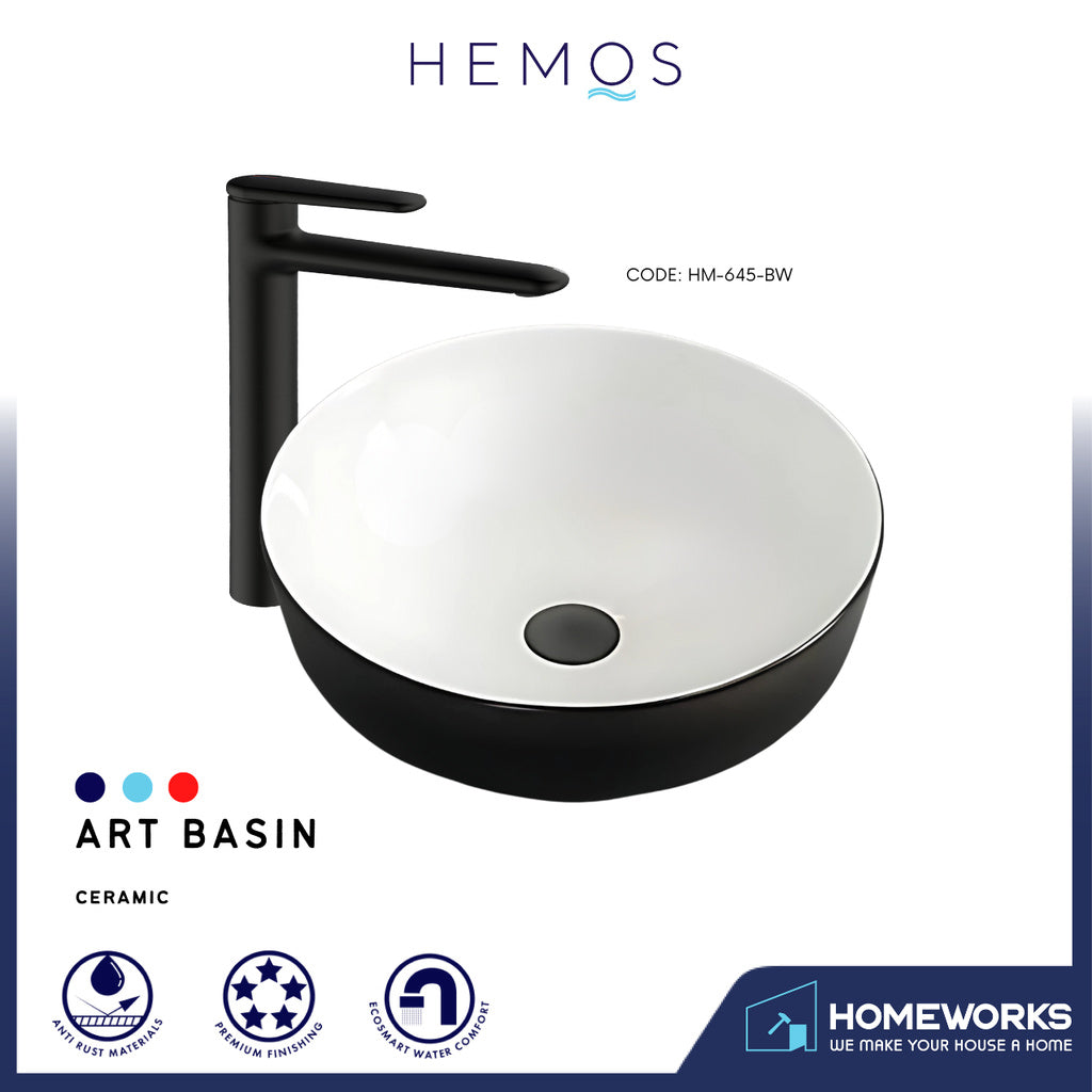 HEMOS BATHROOM CERAMIC WASH COUNTERTOP ART BASIN ROUND VESSEL PORCELAIN HM-645-BW