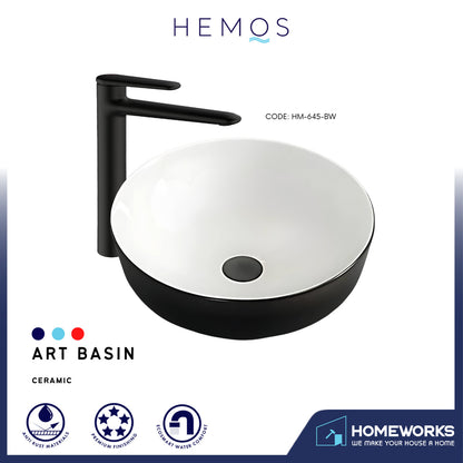 HEMOS BATHROOM CERAMIC WASH COUNTERTOP ART BASIN ROUND VESSEL PORCELAIN HM-645-BW