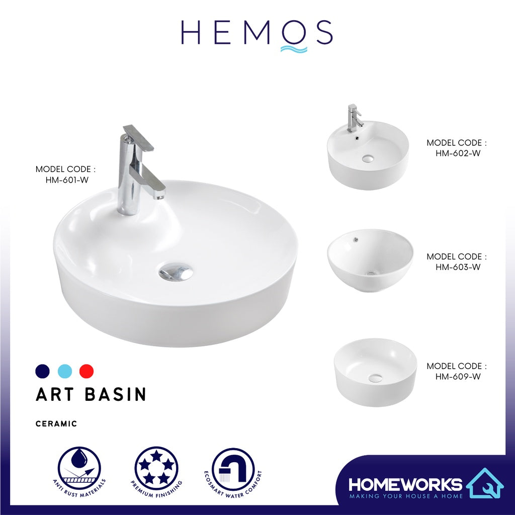 HEMOS BATHROOM CERAMIC COUNTERTOP MODERN ART WASH BASIN ROUND VESSEL WHITE PORCELAIN HM-601-W