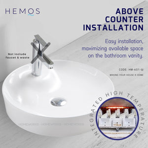 HEMOS BATHROOM CERAMIC COUNTERTOP MODERN ART WASH BASIN ROUND VESSEL WHITE PORCELAIN HM-601-W