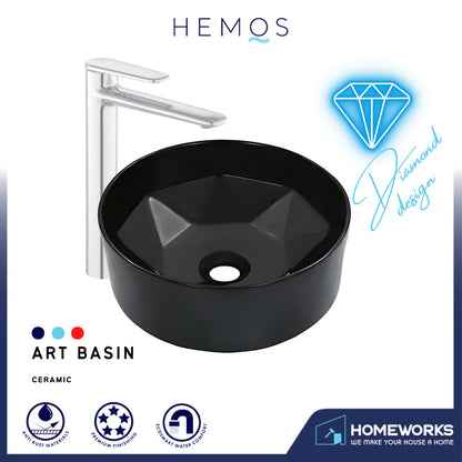 HEMOS BATHROOM CERAMIC WASH COUNTERTOP ART BASIN ROUND VESSEL PORCELAIN MATT BLACK HM-624-MBLACK