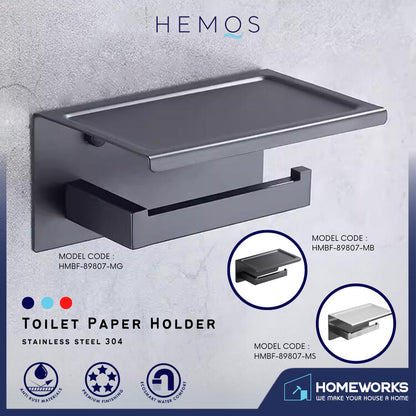 HEMOS BATHROOM FITTING SUS 304 TOILET PAPER ROLL PHONE HOLDER PEMEGANG TISU HM-89807 (MB, MS, MG)
