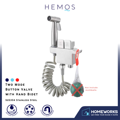 HEMOS BATHROOM FAUCET 304 STAINLESS STEEL 2 IN 1 TWO MODE BUTTON VALVE C/W HAND BIDET HM-3287-MS