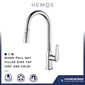 HEMOS KITCHEN FAUCET BRASS PULL OUT MIXER PILLAR SINK TAP CHROME KEPALA PAIP DAPUR HM-19105-C