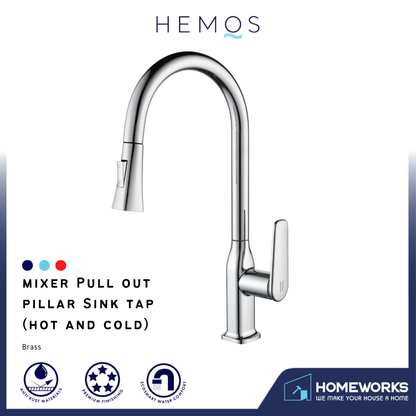 HEMOS KITCHEN FAUCET BRASS PULL OUT MIXER PILLAR SINK TAP CHROME KEPALA PAIP DAPUR HM-19105-C