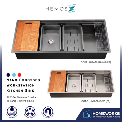 HEMOSX SUS304 STEEL + VOLCANIC TEXTURE FINISH 3.0MM THICKNESS EMBOSSED WORKSTATION KITCHEN SINK SINGLE BOWL SILVER BLACK