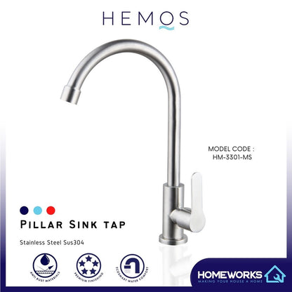 HEMOS KITCHEN FAUCET SUS 304 STAINLESS STEEL PILLAR SINK TAP KEPALA PAIP AIR DAPUR HM-3301