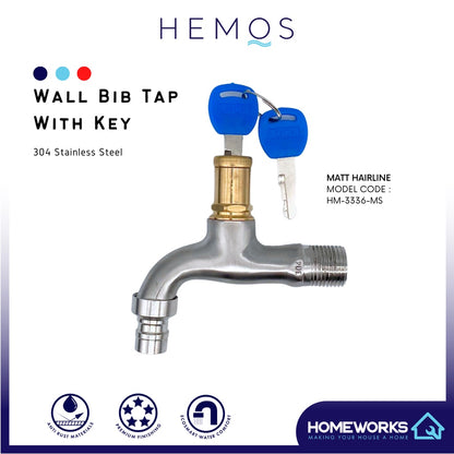 HEMOS BATHROOM FAUCET SUS 304 OUTDOOR ANTI-THIEF WALL BIB TAP WITH KEY KEPALA PAIP KUNCI HM-3336-MS