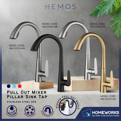 HEMOS KITCHEN FAUCET 304 STEEL PULL OUT MIXER PILLAR SINK TAP KEPALA PAIP AIR DAPUR HM-19032