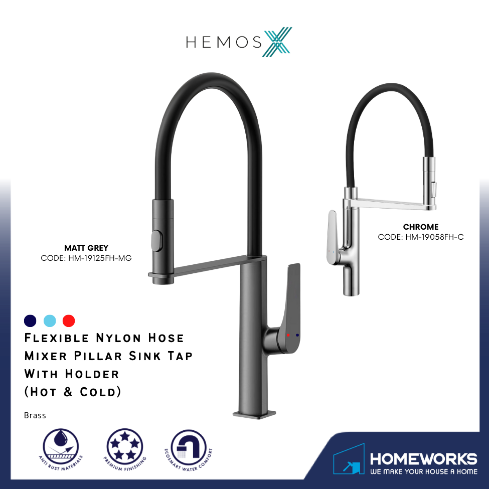 HEMOS KITCHEN FAUCET FLEXIBLE BLACK NYLON HOSE MIXER WITH HOLDER KEPALA PAIP DAPUR HM-19058FH-C