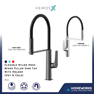 HEMOS KITCHEN FAUCET FLEXIBLE BLACK NYLON HOSE MIXER WITH HOLDER KEPALA PAIP DAPUR HM-19058FH-C