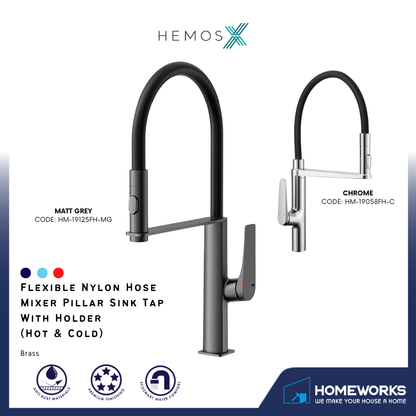 HEMOS KITCHEN FAUCET FLEXIBLE BLACK NYLON HOSE MIXER WITH HOLDER KEPALA PAIP DAPUR HM-19058FH-C