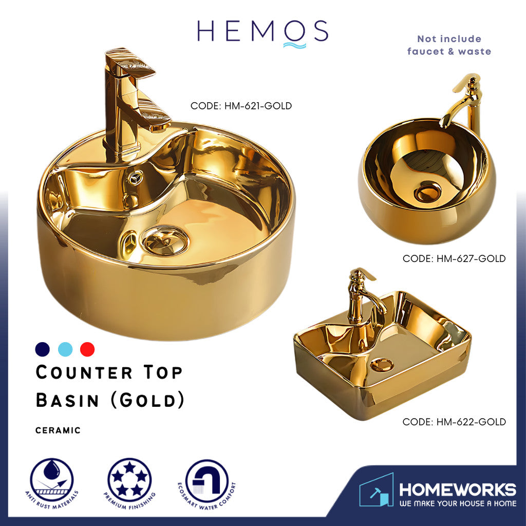 HEMOS BATHROOM CERAMIC WASH BASIN TABLE TOP GOLD ART BASIN VESSEL SINK  PORCELAIN HM-621