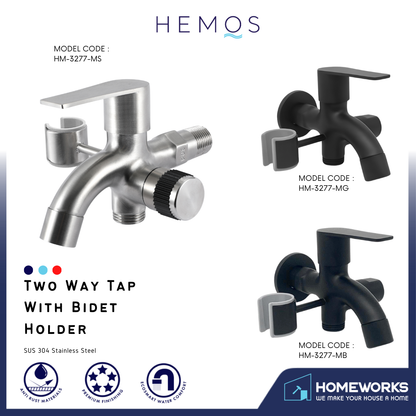HEMOS BATHROOM FAUCET 304 STAINLESS STEEL 2 IN 1 TWO WAY TAP WITH BIDET HOLDER KEPALA PAIP TANDAS HM-3277-MS,MB,MG