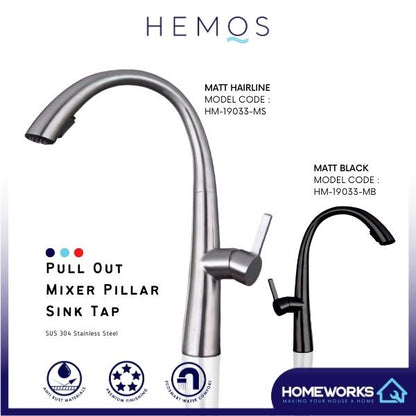 HEMOS KITCHEN FAUCET 304 STEEL PULL OUT MIXER HOT COLD PILLAR SINK TAP KEPALA PILI PAIP HM-19033-MS