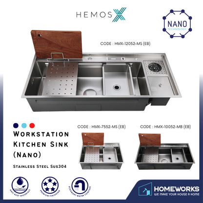 HEMOSX NANO SUS304 STEEL 3.0MM THICKNESS EMBOSSED WORKSTATION KITCHEN SINK SINGLE BOWL SILVER BLACK