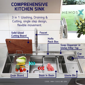 HEMOSX NANO SUS304 STEEL 3.0MM THICKNESS EMBOSSED WORKSTATION KITCHEN SINK SINGLE BOWL SILVER BLACK