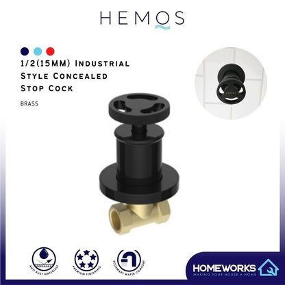 HEMOS BATHROOM FAUCET 1/2"  BRASS MATT BLACK CONCEALED STOP VALVE HM-18015-MB