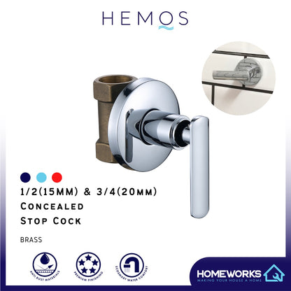 HEMOS 1/2" 15MM & 3/4" 20MM & 1" 25MM BRASS BATHROOM CONCEALED STOP VALVE HM-60015,60020,60025-C