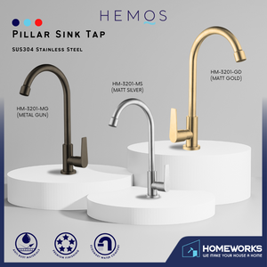 HEMOS KITCHEN FAUCET STAINLESS STEEL SUS 304 PILLAR SINK TAP HM-3201 (GUN METALGREY, GOLD, SILVER)