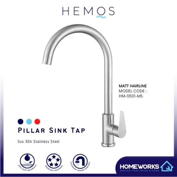 HEMOS KITCHEN FAUCET SUS 304 STEEL PILLAR SINK TAP KEPALA PAIP AIR DAPUR HM-3501-MS