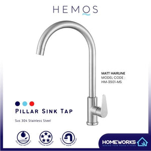 HEMOS KITCHEN FAUCET SUS 304 STEEL PILLAR SINK TAP KEPALA PAIP AIR DAPUR HM-3501-MS
