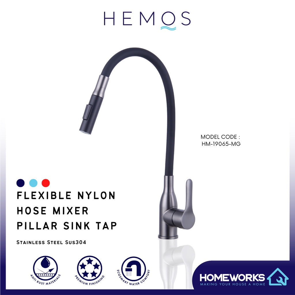 HEMOS KITCHEN FAUCET FLEXIBLE BLACK NYLON HOSE MIXER PILLAR SINK TAP KEPALA PAIP SINKI HM-19065-MG