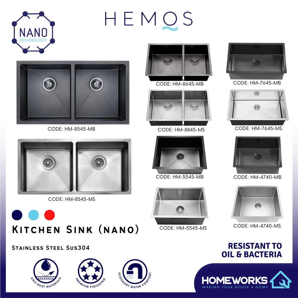 HEMOS NANO SUS 304 STEEL 3.0MM THICKNESS HANDMADE KITCHEN SINK SINGLE DOUBLE BOWL SILVER BLACK