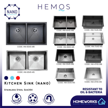 HEMOS NANO SUS 304 STEEL 3.0MM THICKNESS HANDMADE KITCHEN SINK SINGLE DOUBLE BOWL SILVER BLACK