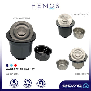 HEMOS KITCHEN FAUCET PARTS FULLY STEEL WASTE WITH BASKET DRAINER FILTER TRAP HM-0023, 0072