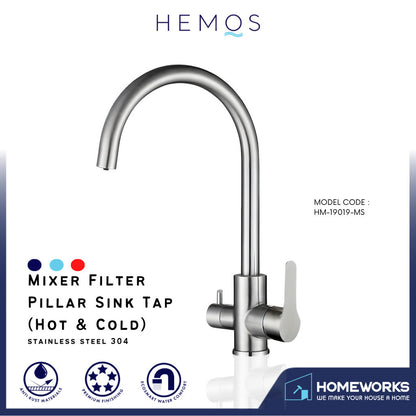 HEMOS KITCHEN FAUCET SUS 304 STEEL 3 IN 1 MIXER FILTER PILLAR SINK TAP PENAPIS AIR HM-19019-MS