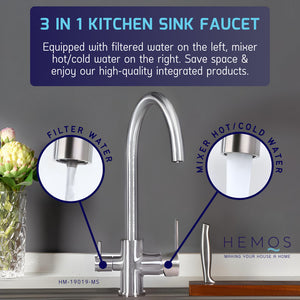 HEMOS KITCHEN FAUCET SUS 304 STEEL 3 IN 1 MIXER FILTER PILLAR SINK TAP PENAPIS AIR HM-19019-MS