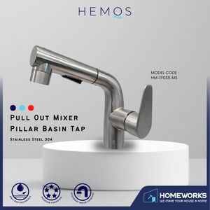 HEMOS BATHROOM FAUCET SUS304 PULL OUT MIXER PILLAR BASIN TAP KAPALA PAIP TANDAS (SILVER) HM-19035-MS