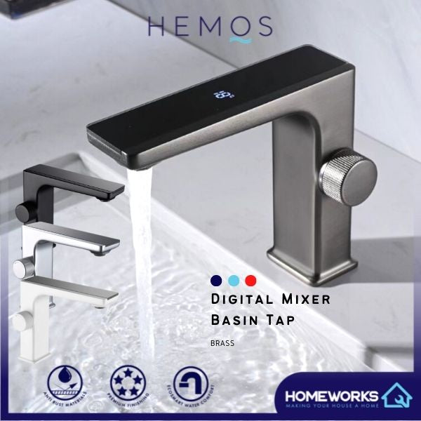 HEMOS BATHROOM FAUCET BRASS LED DIGITAL SQAURE MIXER BASIN TAP KEPALA PAIP ELEKTRONIK HM-19044