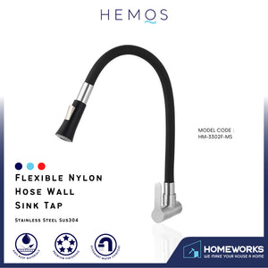 HEMOS KITCHEN FAUCET FLEXIBLE BLACK SILICONE RUBBER HOSE 304 STEEL WALL SINK TAP HM-3302F