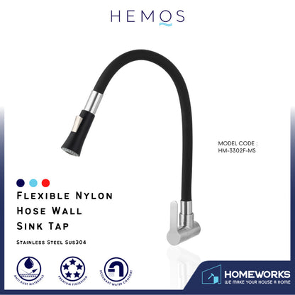 HEMOS KITCHEN FAUCET FLEXIBLE BLACK SILICONE RUBBER HOSE 304 STEEL WALL SINK TAP HM-3302F