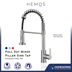 HEMOS KITCHEN FAUCET STEEL PULL OUT MIXER HOT COLD PILLAR SINK TAP HM-19004