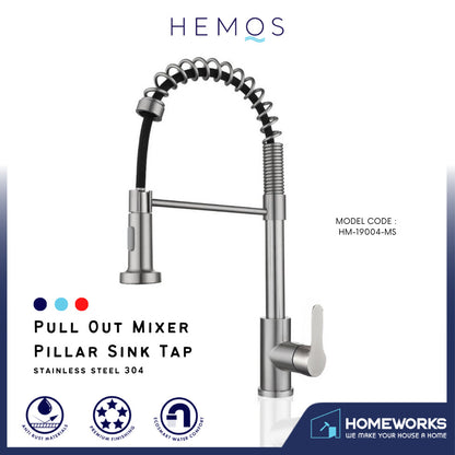 HEMOS KITCHEN FAUCET STEEL PULL OUT MIXER HOT COLD PILLAR SINK TAP HM-19004