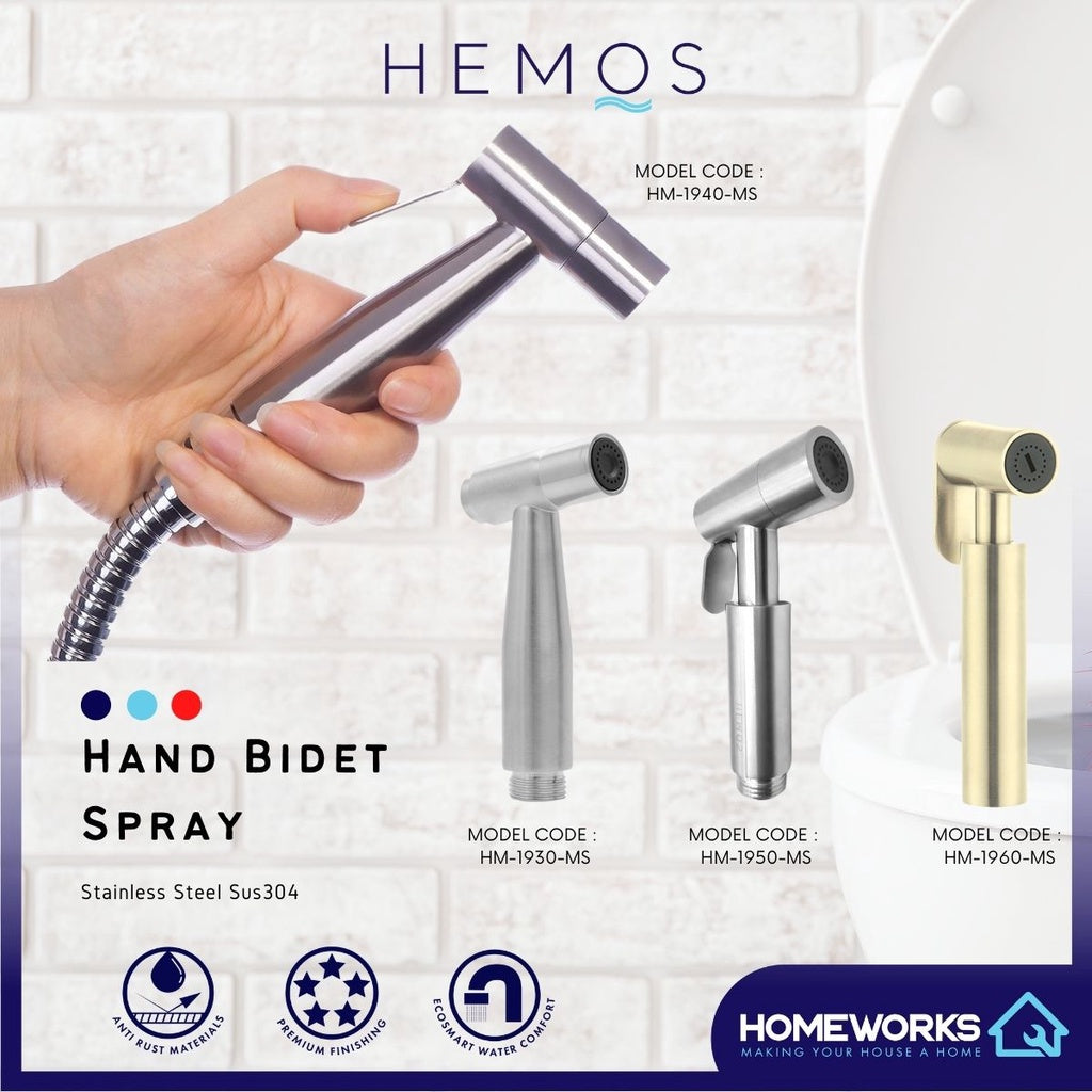 HEMOS SUS 304 STAINLESS STEEL HIGH PRESSURE HAND SPRAYER BIDET SETS WITH 120CM HOSE HM-1930, 1940