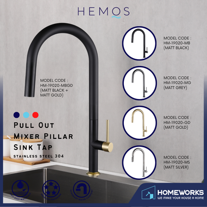 HEMOS KITCHEN FAUCET STEEL PULL OUT HOT COLD WATER MIXER PILLAR SINK TAP HM-19020