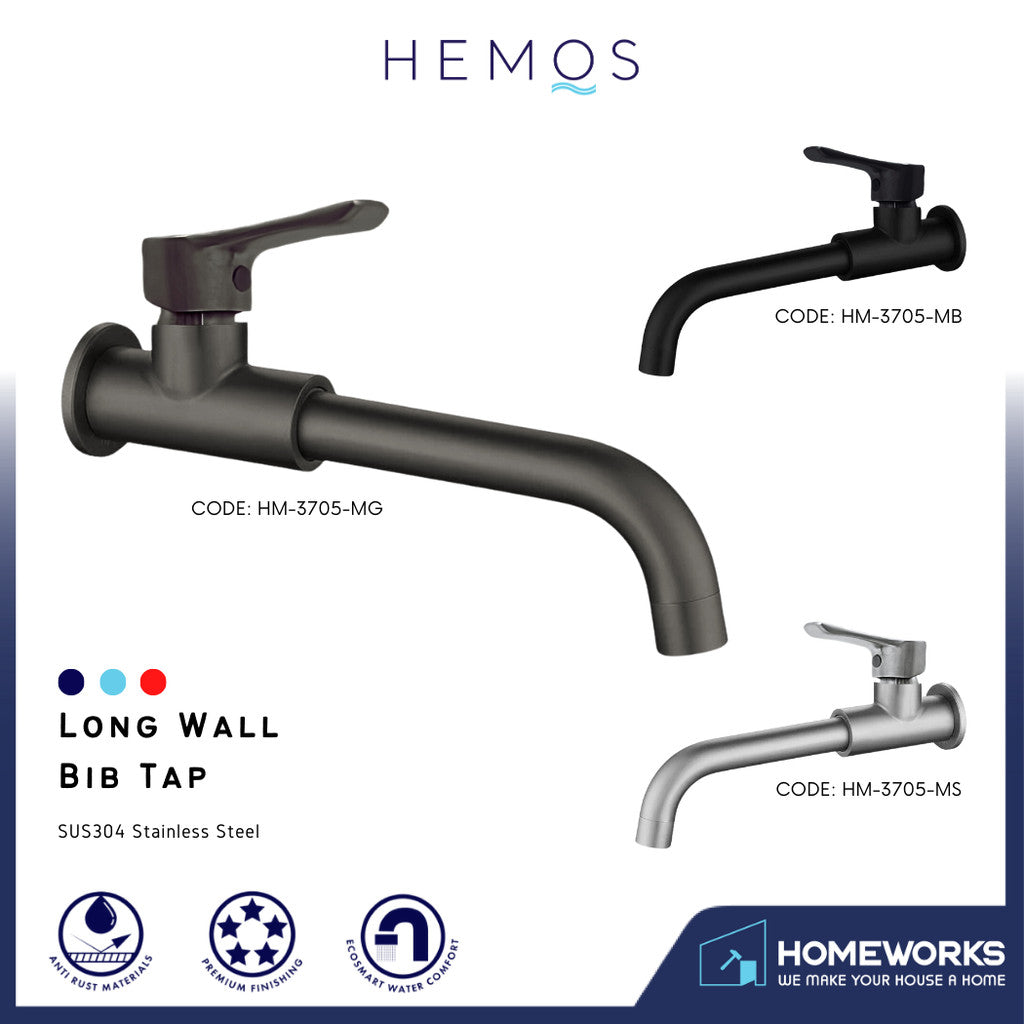 HEMOS BATHROOM FAUCET SUS304 STAINLESS STEEL WALL LONG BIBTAP EXTRA 360° ROTATABLE BIB TAP HM-3705