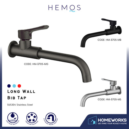 HEMOS BATHROOM FAUCET SUS304 STAINLESS STEEL WALL LONG BIBTAP EXTRA 360° ROTATABLE BIB TAP HM-3705