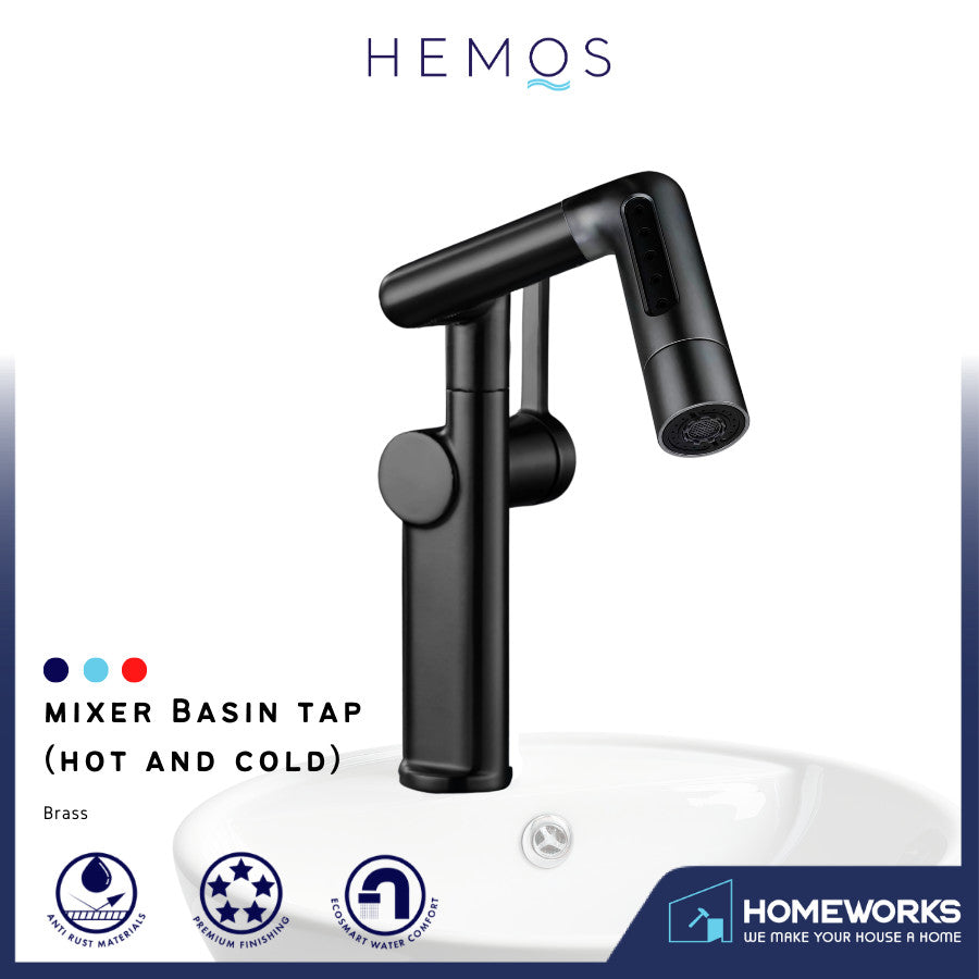 HEMOS BATHROOM BRASS 360° SWIVEL FOLDING 5 FUNCTION WATER MODE MIXER BASIN TAP MATT GREY HM-19098-MG