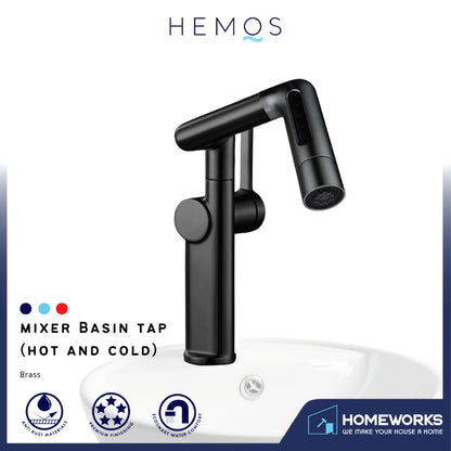 HEMOS BATHROOM BRASS 360° SWIVEL FOLDING 5 FUNCTION WATER MODE MIXER BASIN TAP MATT GREY HM-19098-MG